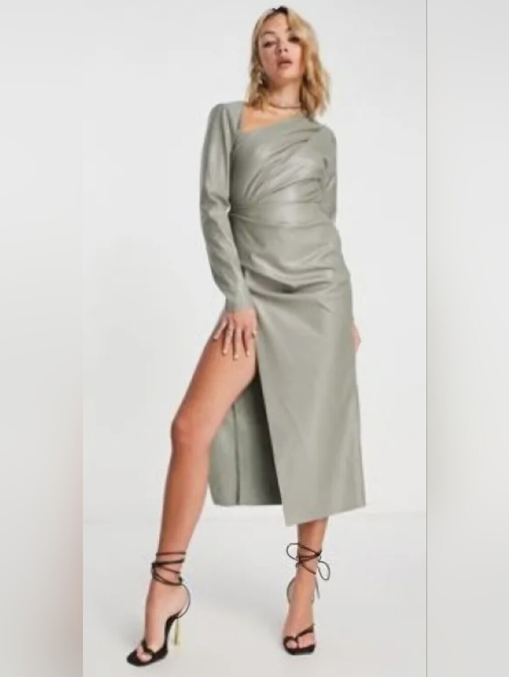 Asos Design Womens Drape Detail PU Midi Dress In Khaki Green Sz